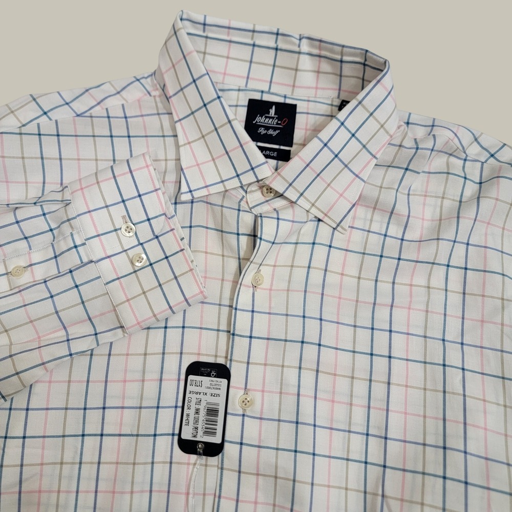 Johnnie-O Top Shelf Peyton Shirt Mens XL White Tattersall Check Tencel